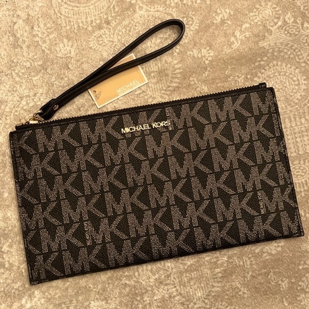 Brand New Michael Kors Large Zippered Clutch Wristlet Black & Gold Jet Set - Picture 3 of 15